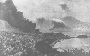 Naples under allied forces bombing - at the same time Mount Vesuvius smoking