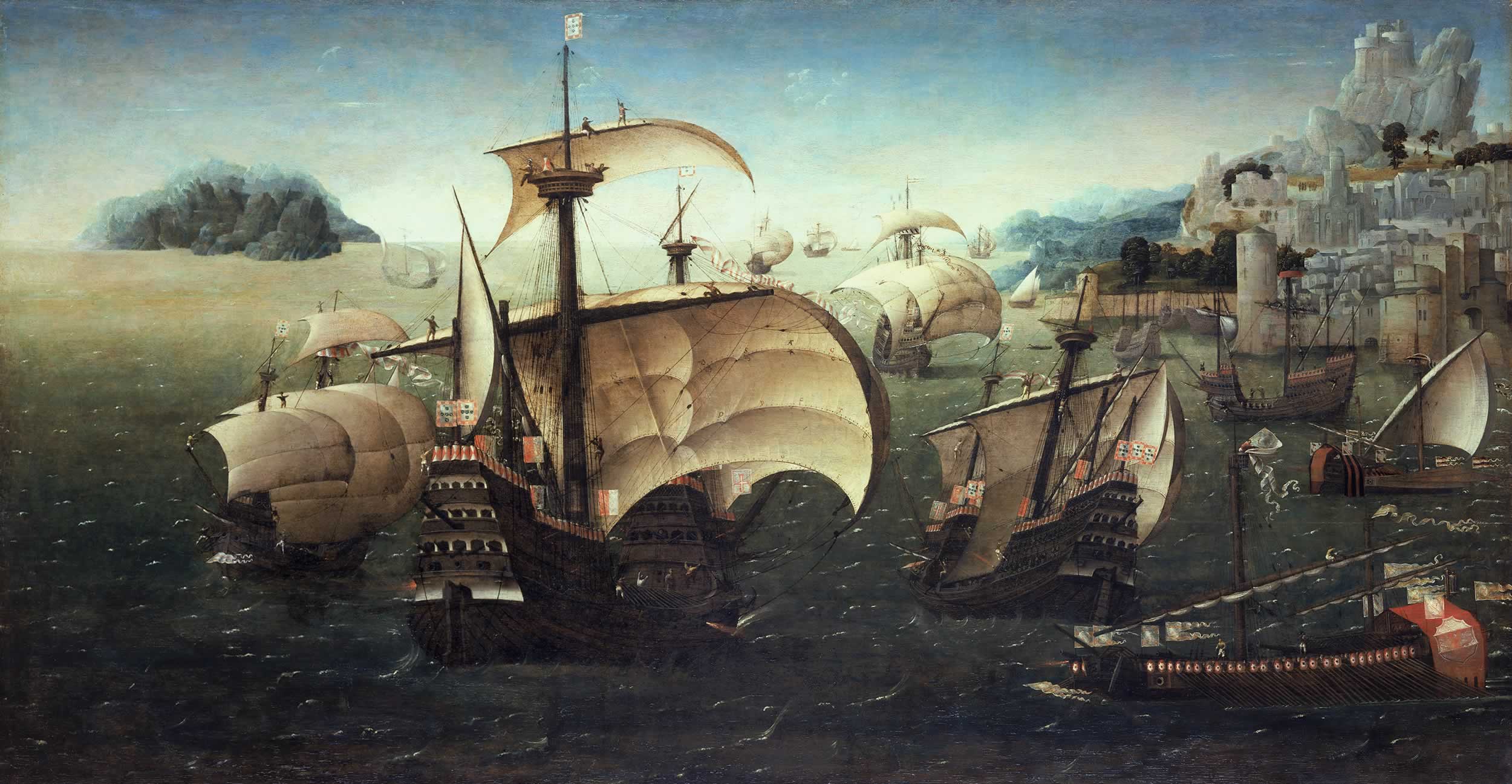 Battle of Diu - Portuguese Carracks off a Rocky Coast